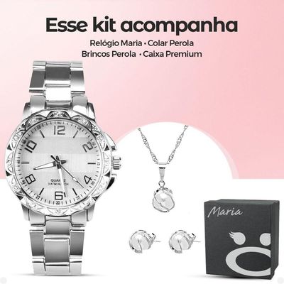 Relógio Feminino Aço Inox Strass + Brincos + Caixa Ponteiro Qualidade Premium Original Perola Casual