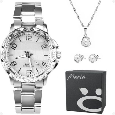 Relógio Feminino Aço Inox Strass + Brincos + Caixa Ponteiro Qualidade Premium Original Perola Casual