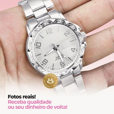 Relógio Feminino Aço Inox Strass + Brincos + Caixa Ponteiro Qualidade Premium Original Perola Casual
