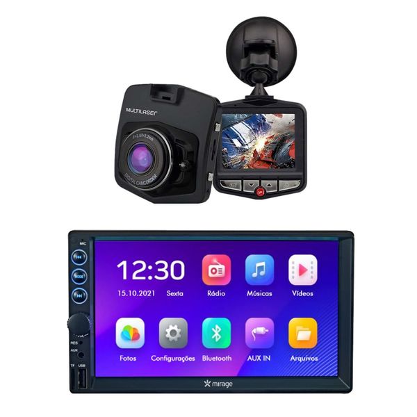 Combo Car - Central Multimidia 7 Pol. Mirror Link e Câmera Veicular DVR 1080p HD Multilaser - AU021K AU021K Combo Car - Central Multimidia 7 Pol. Mirror Link e Câmera Veicular DVR 1080p HD Multilaser - AU021K AU021K