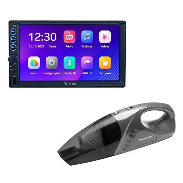 Combo Car - Central Multimidia 7 Pol. Mirror Link Mirage e Aspirador de Pó Automotivo 80W 12V Cinza/ Preto Multilaser - AU6141K AU6141K Combo Car - Central Multimidia 7 Pol. Mirror Link Mirage e Aspirador de Pó Automotivo 80W 12V Cinza/ Preto Multilaser - AU6141K AU6141K