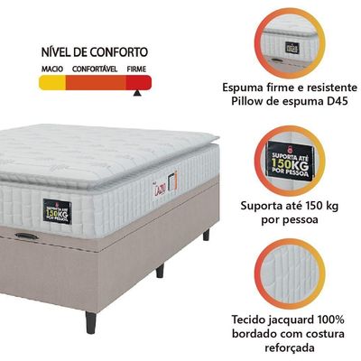 Cama Box Baú Casal Colchão Espuma D45 Lazio Pillow Top 138x188x65cm Suede Branco Bege Hellen