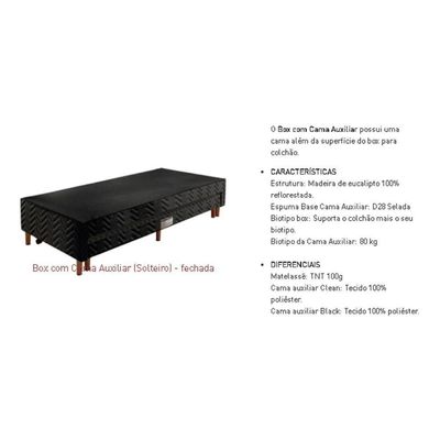 Cama Box Base C/auxiliar Solteiro Universal Tecido Bordado Black (88x188x30) - Paropas