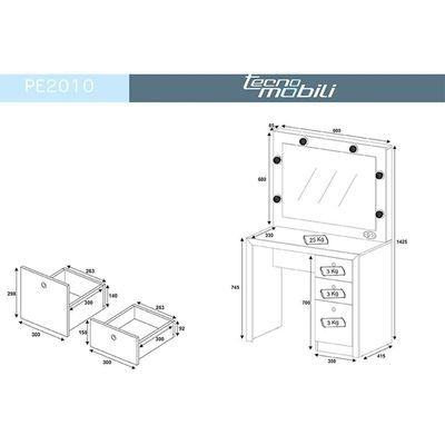 Penteadeira Pe-2010 C/ 3 Gavetas E Espelho Branco - Tecno Mobili