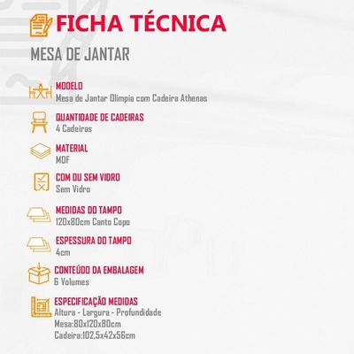 Mesa Olímpia 120cm Em Mdf E 4 Cadeiras Athenas Moderna