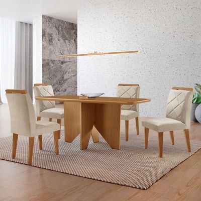 Mesa Evora 120 Mdf Com 4 Cadeiras Melissa Veludo Creme-naturalle-naturalle