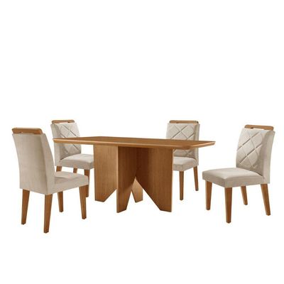 Mesa Evora 120 Mdf Com 4 Cadeiras Melissa Veludo Creme-naturalle-naturalle