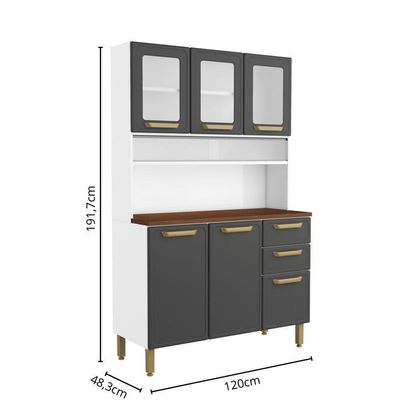 Cozinha Compacta Aço 6 Portas 2 Vidros 2 Gavetas Bella Bertolini Grafite Branco