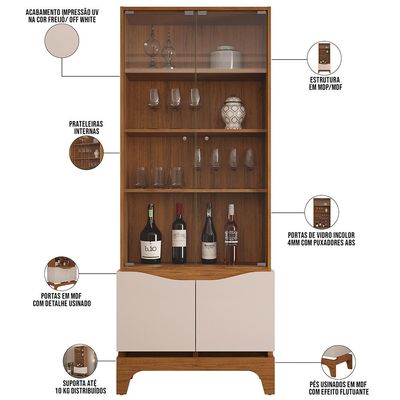 Cristaleira Para Sala de Jantar Bar Adega 2 Portas Clarice D05 Freijó Off White - Lyam Decor