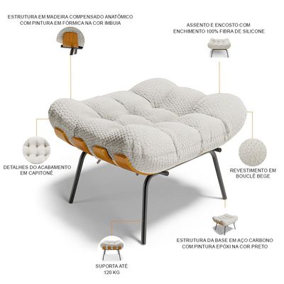 Puff Decorativo Sala de Estar Costela L02 Bouclê Cru - Lyam Decor