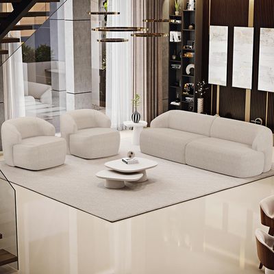 Sofá 4 Lugares Curvo Orgânico com 02 Poltronas Para Sala Living 280cm Barolo L06 Linho Bege - Lyam Decor
