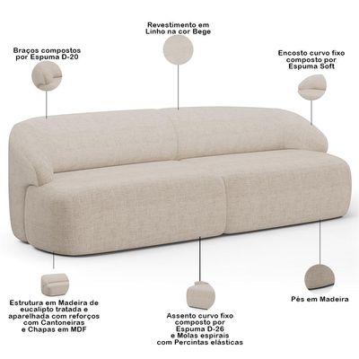 Sofá 4 Lugares Curvo Orgânico com 02 Poltronas Para Sala Living 280cm Barolo L06 Linho Bege - Lyam Decor