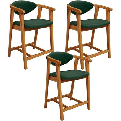 Kit 03 Banquetas Baixa Cozinha Sala de Jantar Bancada Cecília L02 Couríssimo Verde Musgo Lyam Decor