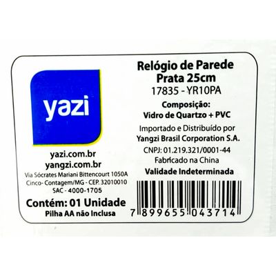 Relógio de parede Yazi 25cm Prata
