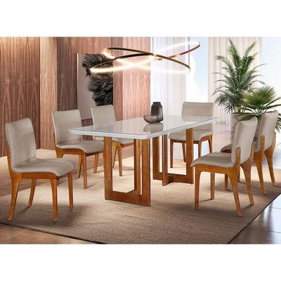 Sala De Jantar 180cm 6 Cadeiras Off White/imbuia /palha