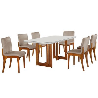 Sala De Jantar 180cm 6 Cadeiras Off White/imbuia /palha