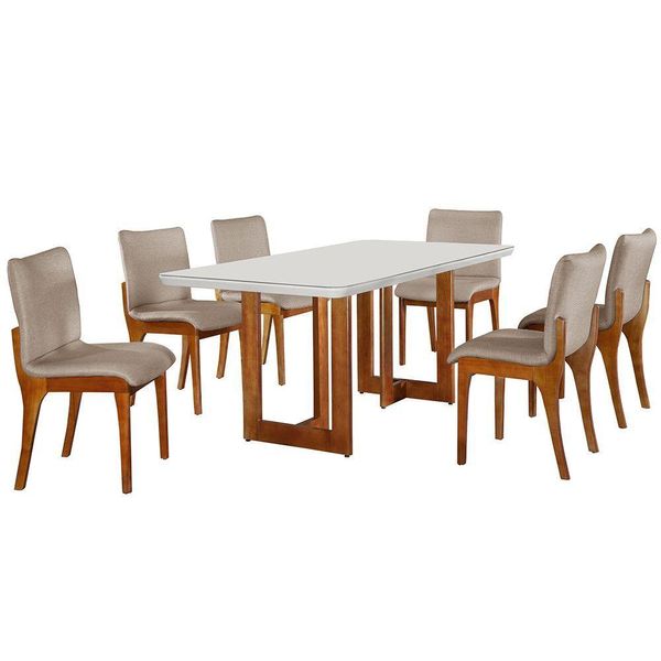 Sala De Jantar 180cm 6 Cadeiras Off White/imbuia /palha