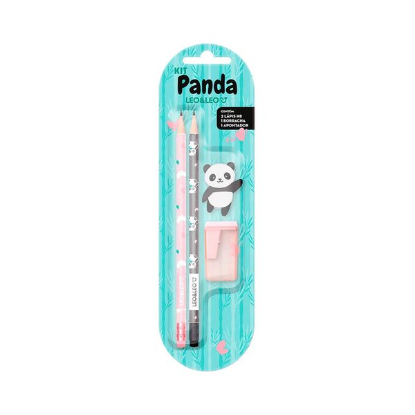 Kit Escrita Leonora Panda 2 Lápis Grafites HB Nº2, 1 Borracha e 1 Apontador