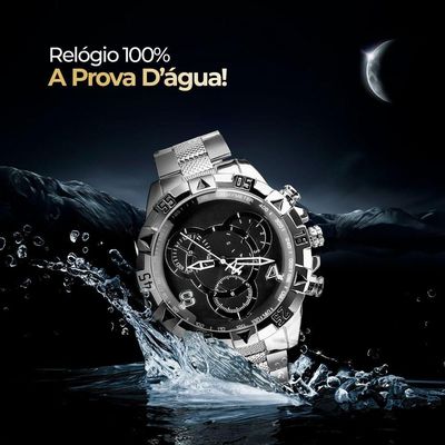 Relogio Aço Inox Prata Prova Dagua + Corrente Cruz + Caixa Casual Presente Grande Original Social