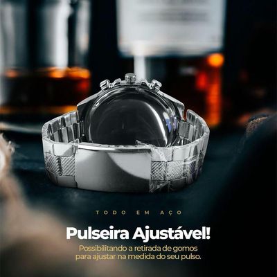 Relogio Aço Inox Prata Prova Dagua + Corrente Cruz + Caixa Casual Presente Grande Original Social