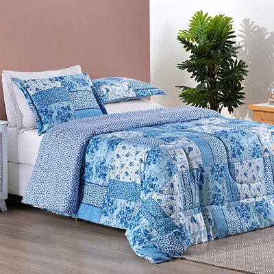 Kit Edredom Dallas King Dupla Face Microfibra 3 Peças - Azul Sereno Patchwork