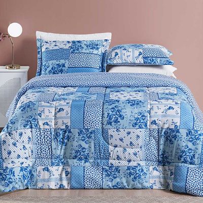 Kit Edredom Dallas King Dupla Face Microfibra 3 Peças - Azul Sereno Patchwork