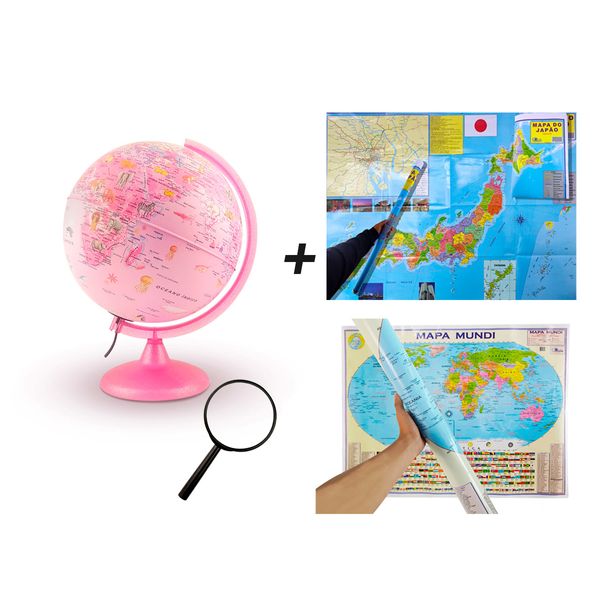 KIT Globo Led Pinkzoon Tecnodidattica Mapa Japão Mapa Mundi Físico 120x90 Lupa 75 MM