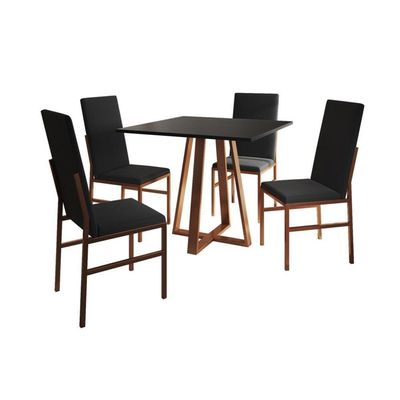 Conjunto De Jantar Mesa Mônaco Premium 90cm Preta Com 4 Cadeiras Estofadas Pretas Base Cobre Preto