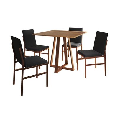 Conjunto De Jantar Mesa Mônaco 90cm Tampo Imbuia Com 4 Cadeiras Pretas Base Cobre Preto