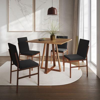 Conjunto De Jantar Mesa Mônaco 90cm Tampo Imbuia Com 4 Cadeiras Pretas Base Cobre Preto