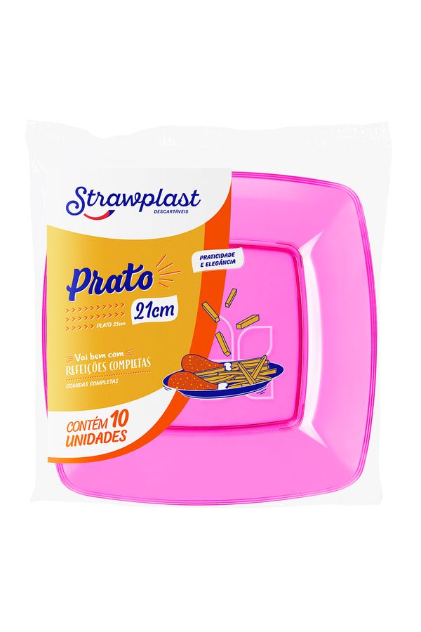 Prato Descartável Strawplast Quadrado 21cm com 10 Unidades Rosa