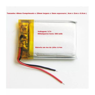 Bateria 3.7V 300Mah 2 Fios Recarregável Lítio Li-Ion Plana