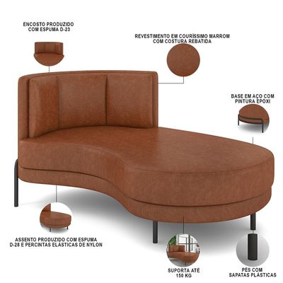Sofá Chaise Longue Sala de Estar Living Lucca Direito D02 Couríssimo Marrom B-38 - Lyam Decor