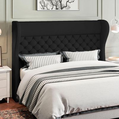 Kit Cabeceira Cama Box Casal 140 cm Madrid com Puff Recamier Santorini Veludo Preto - Lyam Decor