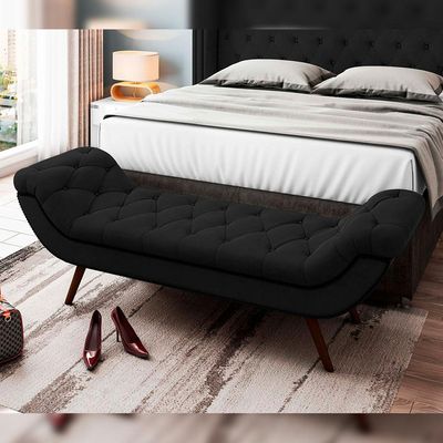 Kit Cabeceira Cama Box Casal 140 cm Madrid com Puff Recamier Santorini Veludo Preto - Lyam Decor
