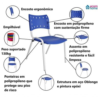 Kit 3 Cadeiras Iso para Escola Escritório Comércio Azul Base Branca