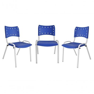 Kit 3 Cadeiras Iso para Escola Escritório Comércio Azul Base Branca