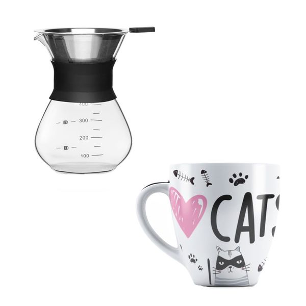Combo Cozinha - Cafeteira de Vidro com Filtro 400ml e Caneca de Porcelana Cats Up Home - UD252K UD252K
