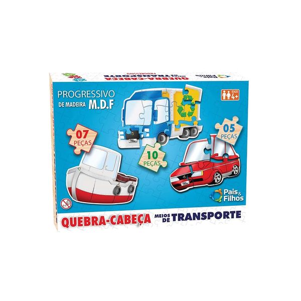 Quebra-Cabeça Meios de Transportes em Madeira Pais e Filhos com 5/7/10 Peças Progressivo