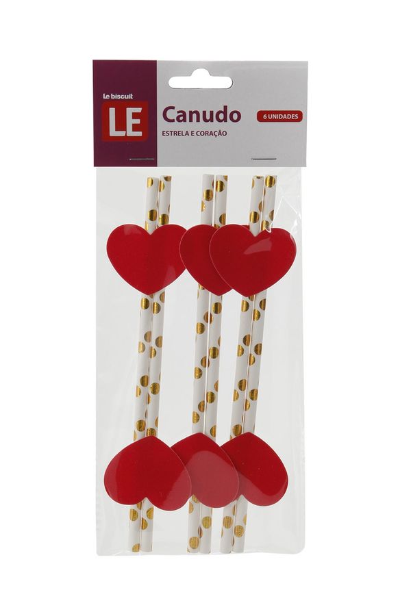 Canudo de Papel Le Estrela e Coração com 6 Unidades Vermelho