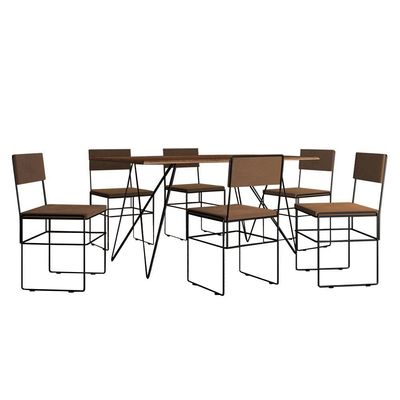 Mesa Jantar Retangular Industrial Trama 1,50x0,90m Amêndoa 6 Cadeiras Estofadas Marrom E Preto Vitór Marrom