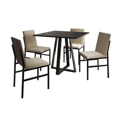 Conjunto De Jantar Mesa Mônaco 90cm Tampo Preto Com 4 Cadeiras Estofadas Bege Preto