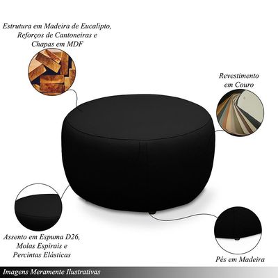 Puff Decorativo Mariele Sala de Estar Pés em Madeira Couro Preto G88 - Gran Belo