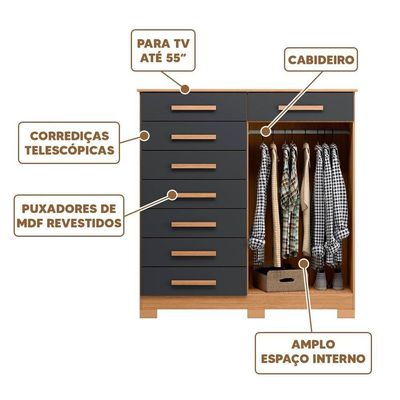 Cômoda Para Quarto Infantil 8 Gavetas 2 Portas Nature Titanium Valentina Shop Jm