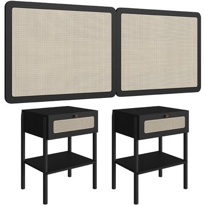 Cabeceira Casal Queen 160cm e 2 Mesas Laterais 1 Gaveta Madeira Moss A03 Nero Preto- Lyam Decor