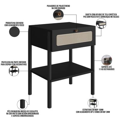 Cabeceira Casal Queen 160cm e 2 Mesas Laterais 1 Gaveta Madeira Moss A03 Nero Preto- Lyam Decor