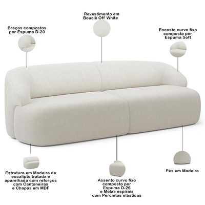 Sofá 3 Lugares Curvo Orgânico com 02 Poltronas Para Sala Living 250cm Barolo L06 Bouclê Off White - Lyam Decor