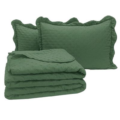 Kit Cobre Leito Colcha Perone Queen Dupla Face Toque De Pluma Micro Percal 300 Fios 3 Peças - Verde Esmeralda