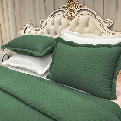 Kit Cobre Leito Colcha Perone Queen Dupla Face Toque De Pluma Micro Percal 300 Fios 3 Peças - Verde Esmeralda