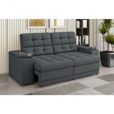Sofá Confort Premium 2,05m Assento Retrátil-reclinável Porta Copos E Usb Suede Cinza - X Sofas